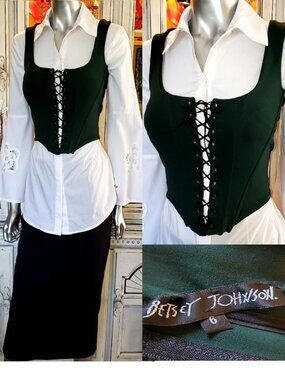 Vintage Betsey Johnson 90s Y2K Green Corset Lace Up Scuba Vest Top Dress Shirt